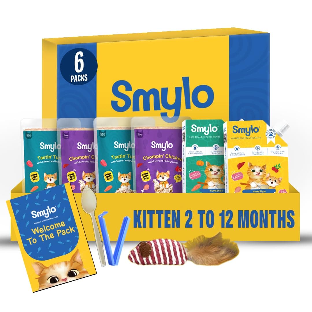 Smylo Kitten Wet Cat Food Trial Box (2-12 Months) with Fish & Chicken Broth | Tuna & Chicken Recipes | Grain Free, No Preservatives | Omega 3 & 6 for Shiny Fur | Wet Food for Cats, Cat Food Topper
