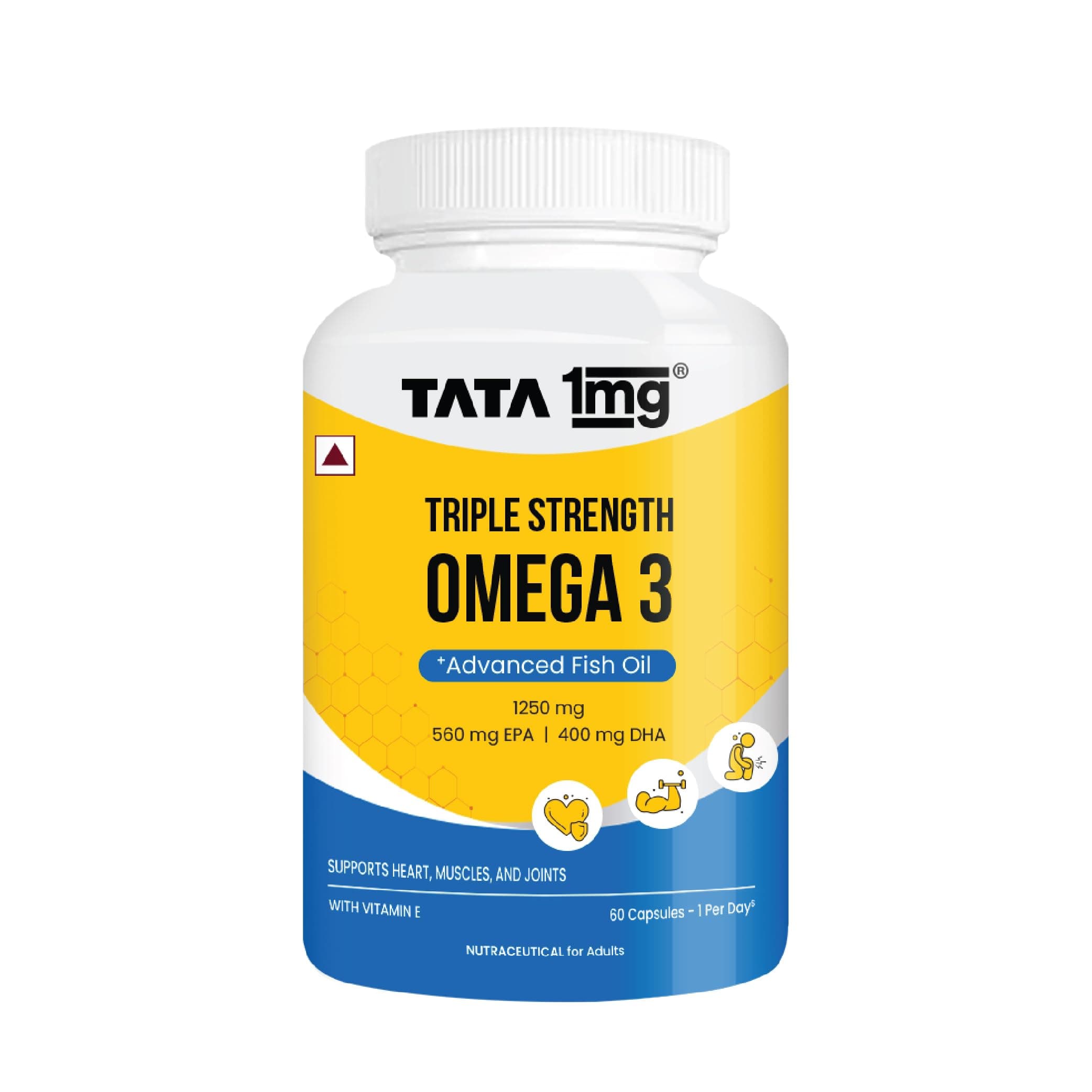 TATA 1MG Triple Strength Omega 3 Fish Oil - 1250 Mg in 1 Capsule | 560 Mg EPA & 400 Mg DHA | For Faster Muscle Recovery And Improved Stamina | For Men And Women