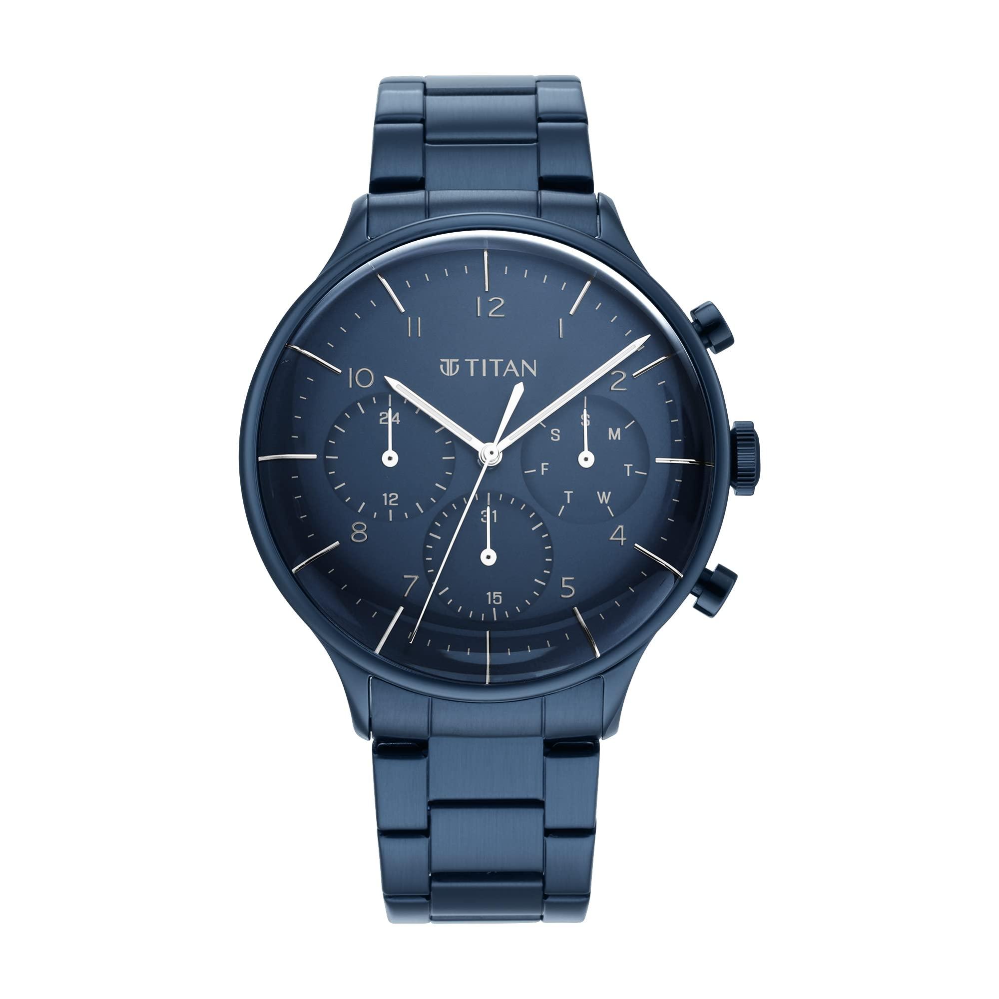 Titan Urban Magic Quartz Multifunction Blue Dial Metallic Blue Stainless Steel Strap Watch for Men - NT90102QM01