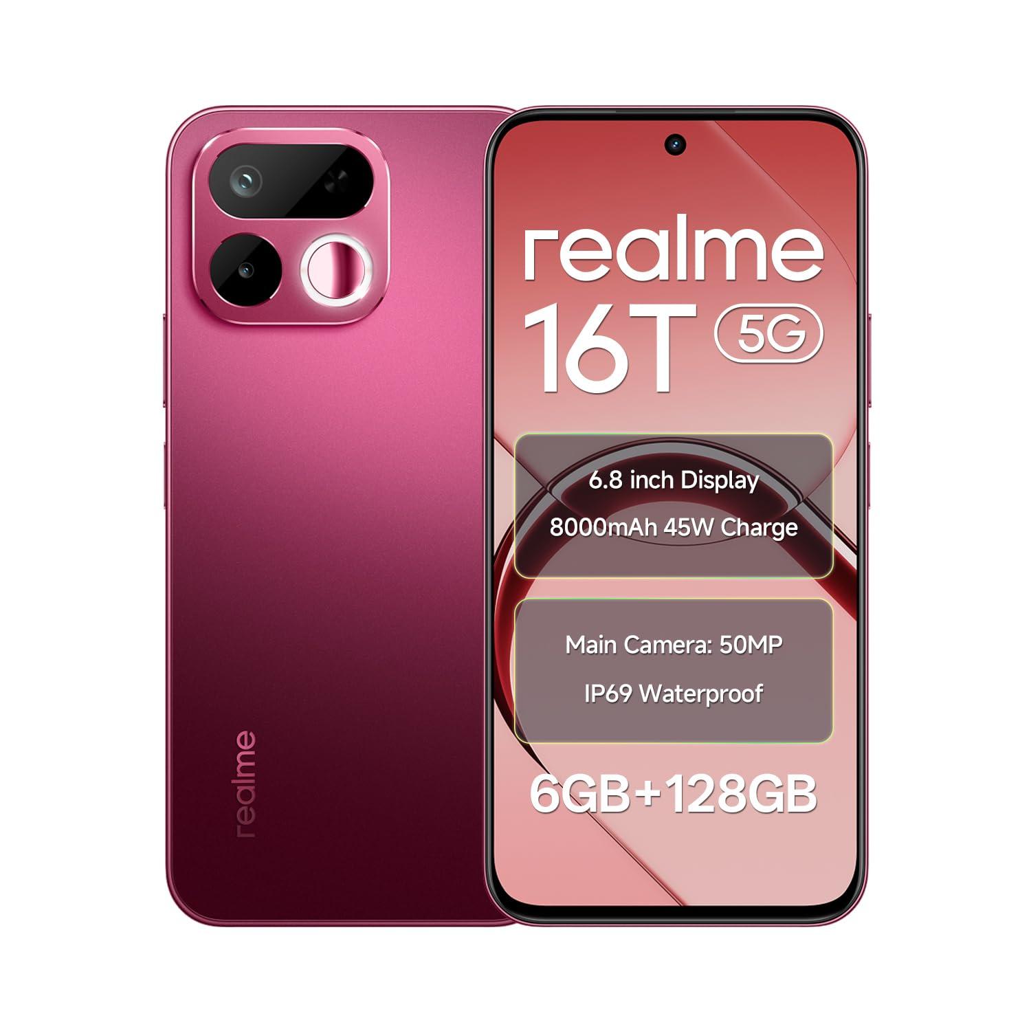 realme 16T 5G Smartphone 8000mAh Titan Batterya, 8GB RAM 128GB ROM, 6.8 inch 144Hz Display, 50MP AI Rear Camera & Selfe Mirror, MediaTek Dimensity 6300 Processor, Android 16, IP69 Pro Starlight Red
