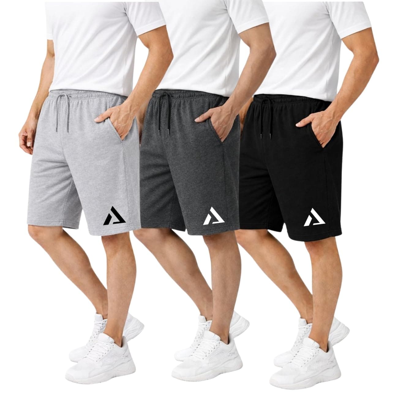 KART BLACK Men's Cotton Knee Length Casual Regular Fit Shorts | Pack of 3 (SJ_Grey_Black_Andra_kartblkTriangle_M)