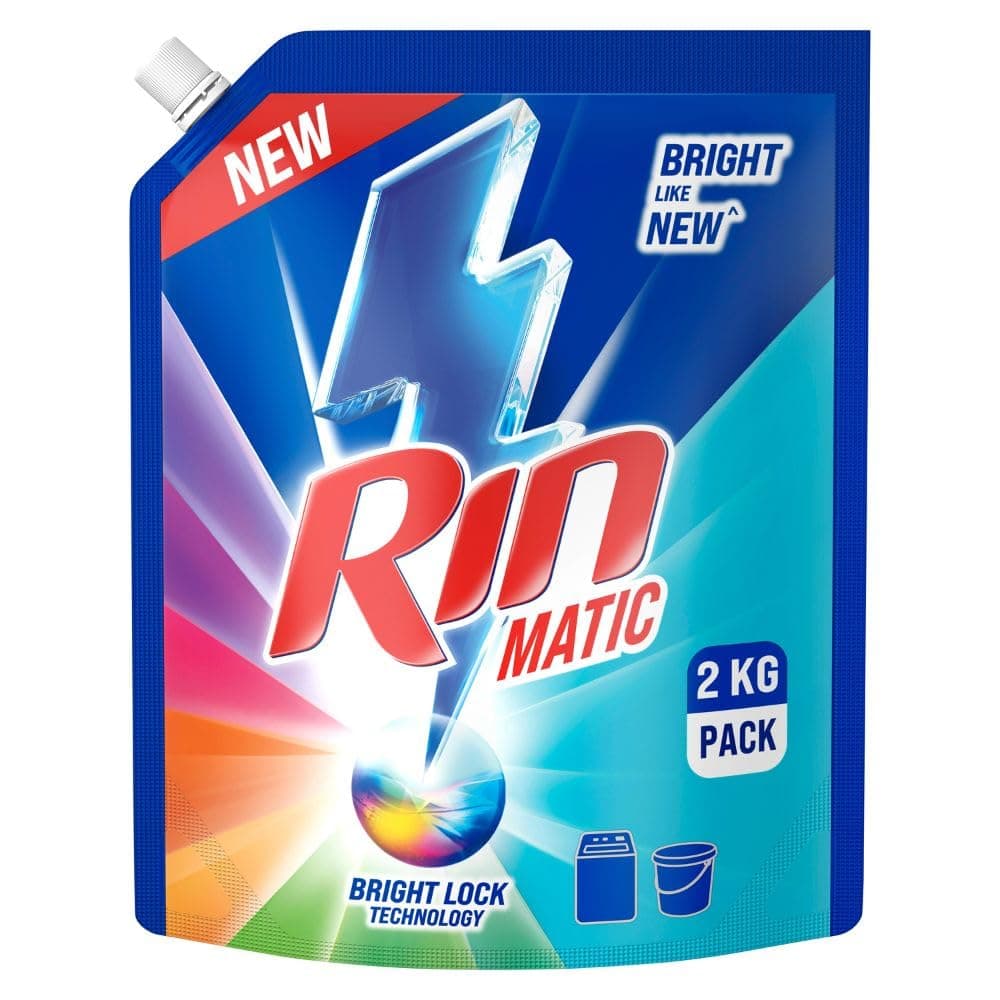 RIN Matic Liquid Detergent, 2Kg, for Dazzling Brightness, with Bright Lock Technology, Long-Lasting Fragrance, for Top Load Washing Machines