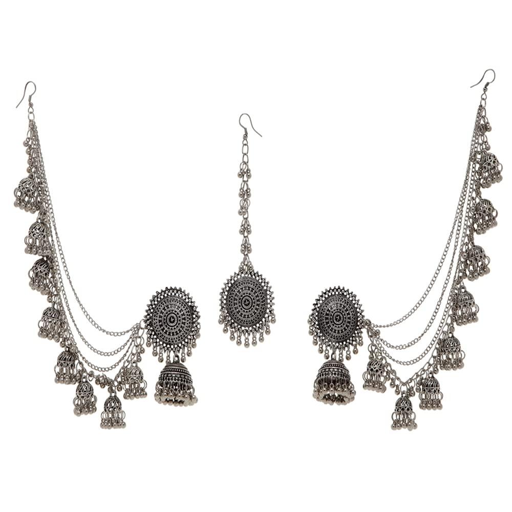 Shining Diva Fashion Latest Stylish Oxidised Maang Tikka Bahubali Jhumka Earrings for Women and Girls (12395er)