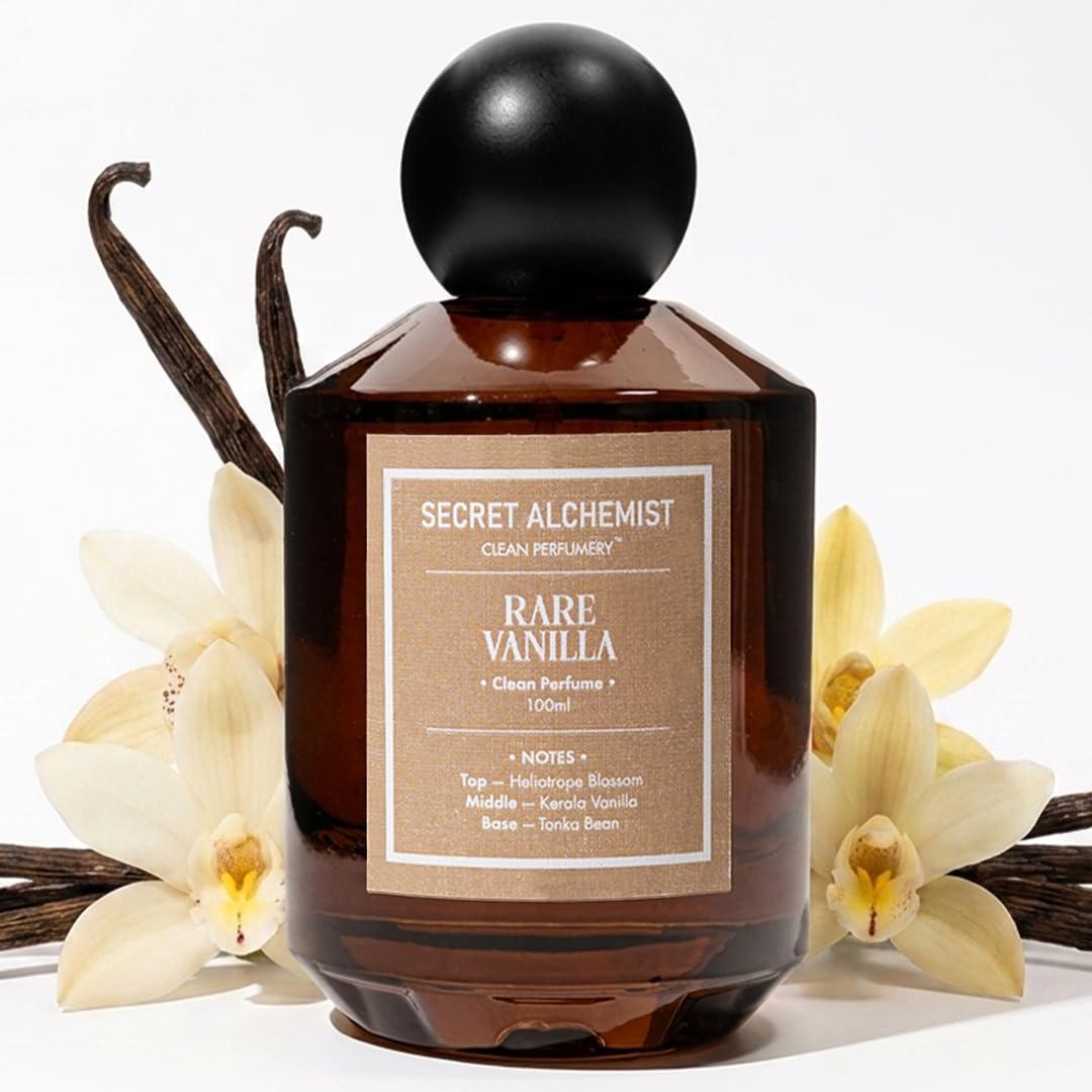 Secret Alchemist Rare Vanilla Eau de Parfum (EDP) 100ml | Clean, Long Lasting High Concentration | Perfume for Men & Women | Kerala Vanilla, Heliotrope Blossom & Tonka Bean Perfume | Luxury Gift for Men & Women, Day & Night Wear, 800 Spritz