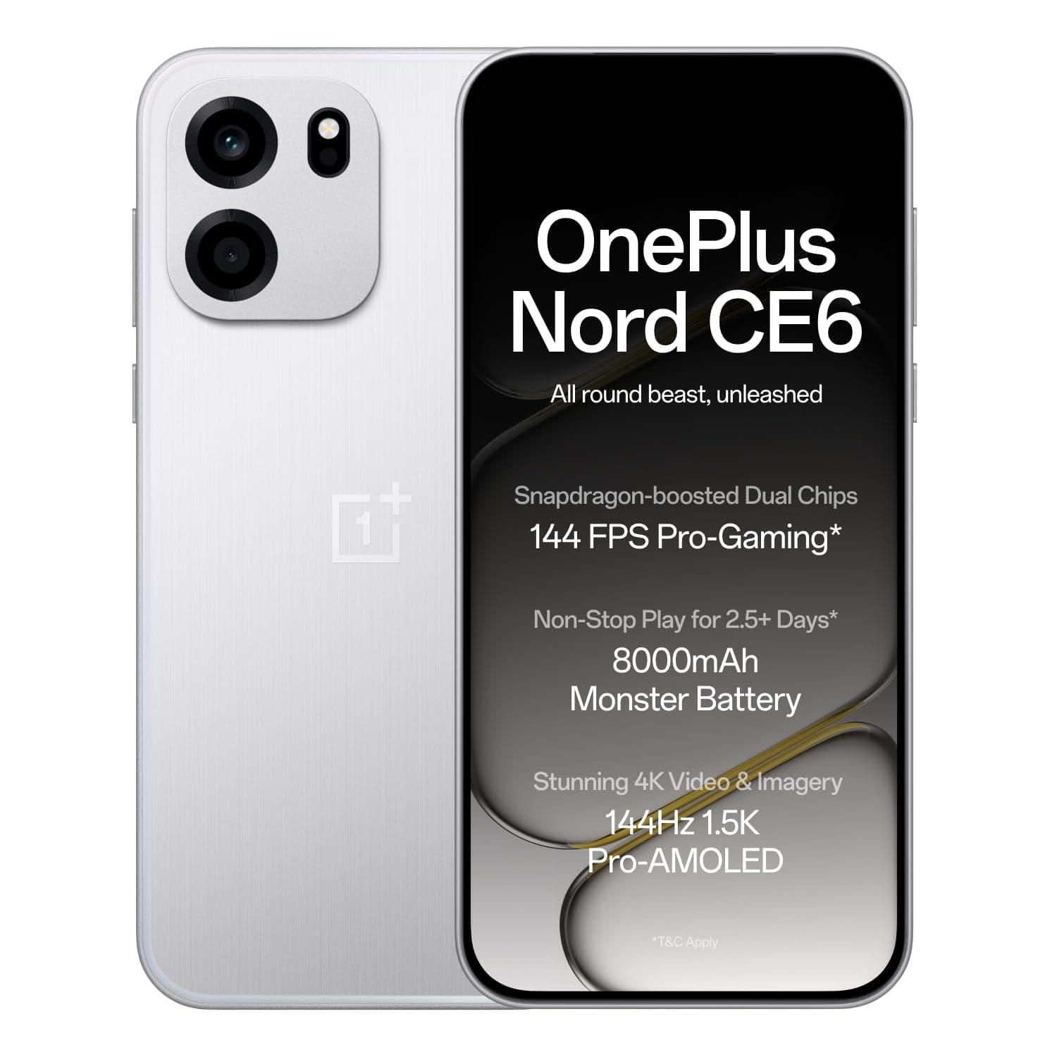 OnePlus Nord CE6 | 8GB+256GB | Lunar Pearl | Snapdragon 7s Gen 4 | Segment's Fastest Touch Response | 8000mAh Battery | 144Hz 1.5K AMOLED Display | 50MP Main + 32MP Selfie 4K Cameras | IP66,68,69,69K
