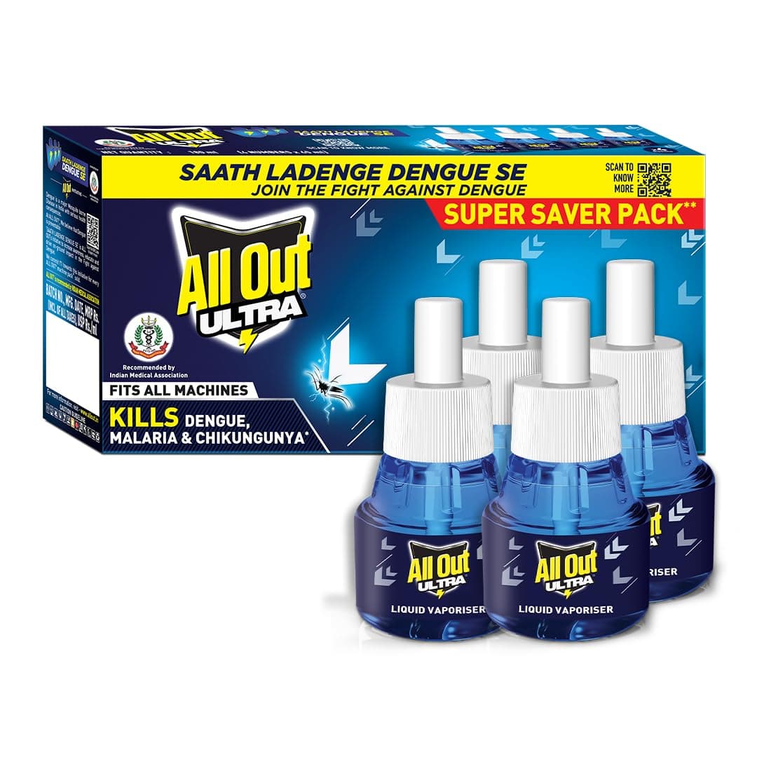 All Out Ultra Liquid Vaporizer, 4 Refills (45ml) | Kills Dengue, Malaria & Chikungunya Spreading Mosquitoes | India's Only Mosquito Killer Brand Recommended by Indian Medical Association