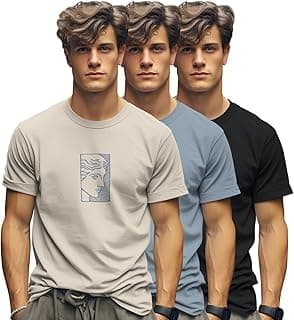 BULLMER Trendy Printed Cotton Blend Crew Neck/Round Neck Half Sleeve Tshirt for Men - Pack of 3