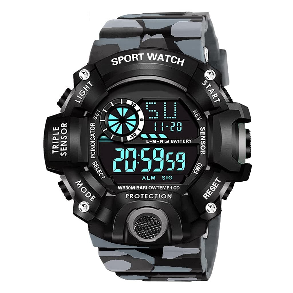 Shocknshop Digital Rubber Sports Multi Functional Black Dial Watch for Mens Boys -315GREY (Grey)