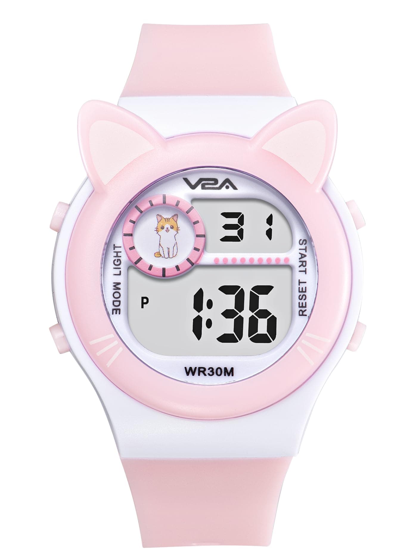 V2A Resin Critter Series Girls Digital Watch with Cat Ears for Ages 3-10 - 7 Color Backlight, 30M Waterproof, Alarm, Stopwatch | Watch for Kids | Birthday Gift | Return Gift (Pink)