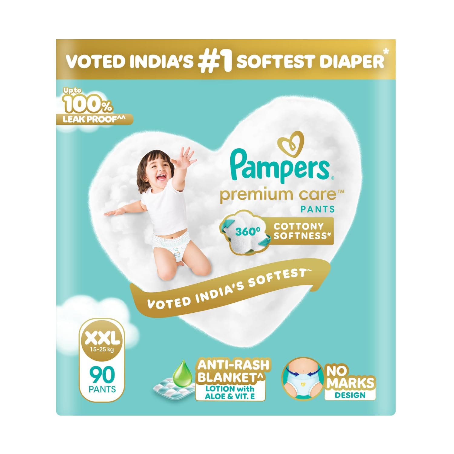 Pampers Premium Care Pant Style Baby Diapers XXL 90 Count | No Marks Design | Voted India’s #1 Softest Diaper | All in 1 diaper with 360 Cottony Softness