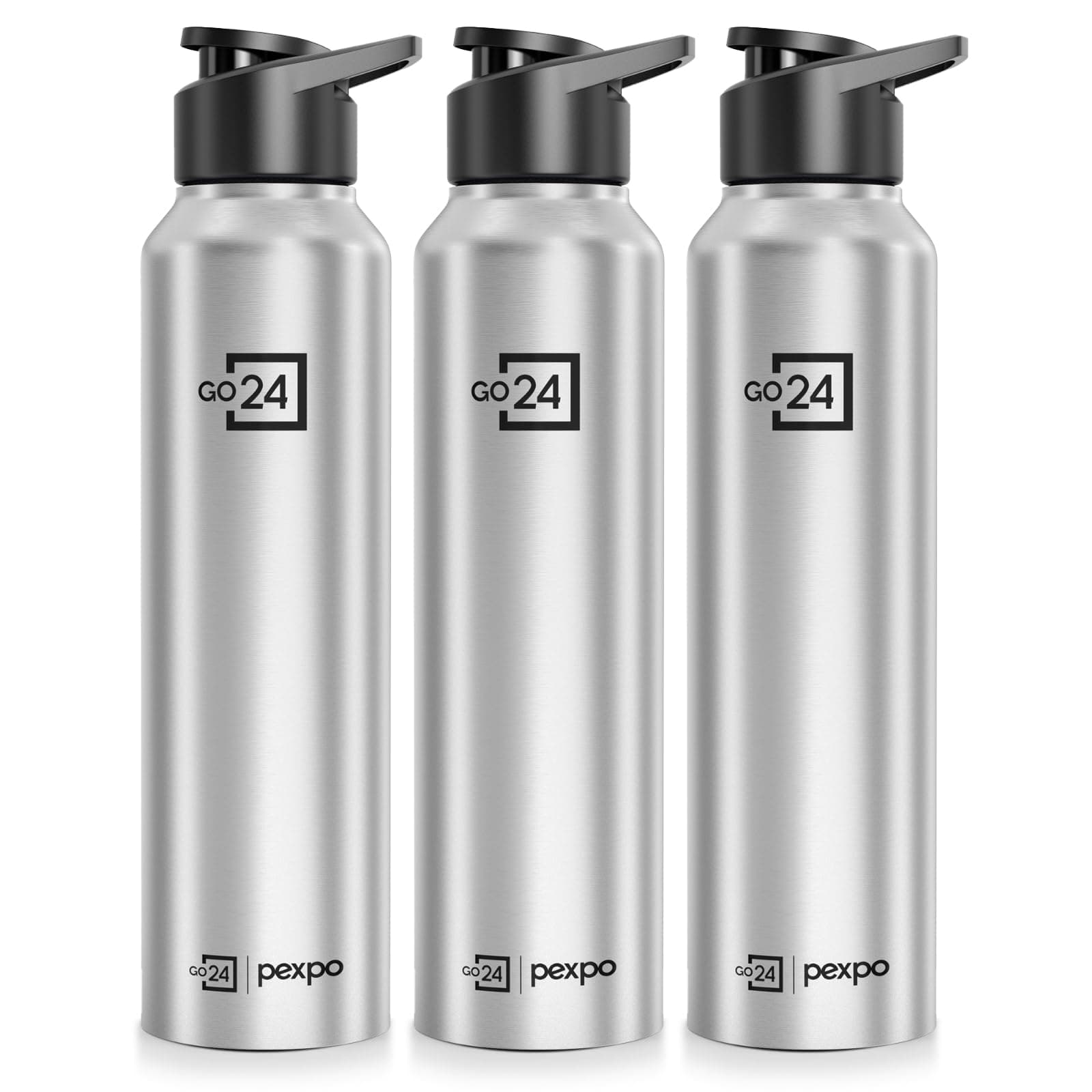 Go24 pexpo Water Bottle 1 ltr Stainless Steel Sports/Fridge Bottle with Sipper Cap (Pack of 3)| 1-Year Warranty | Single Wall | For Home, Office, Gym, Travelling | Craft Pro 950ml | Silver