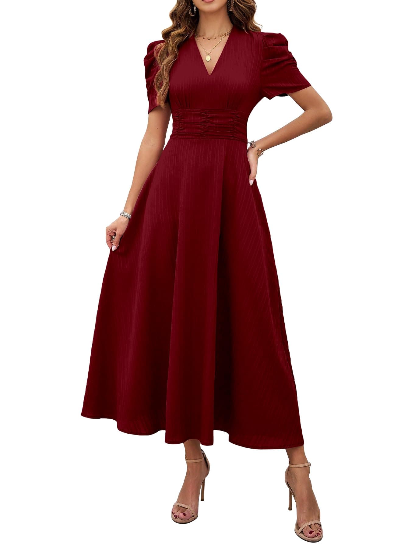 Shasmi Girl's & Women's Solid Color V-Neck A-Line Maxi Dress for Women | New Year Party Outfit | Waist Cinched Puff Sleeve Western | Elegant Casual Wear (Dress 246) (in, Alpha, M, Regular, Maroon)