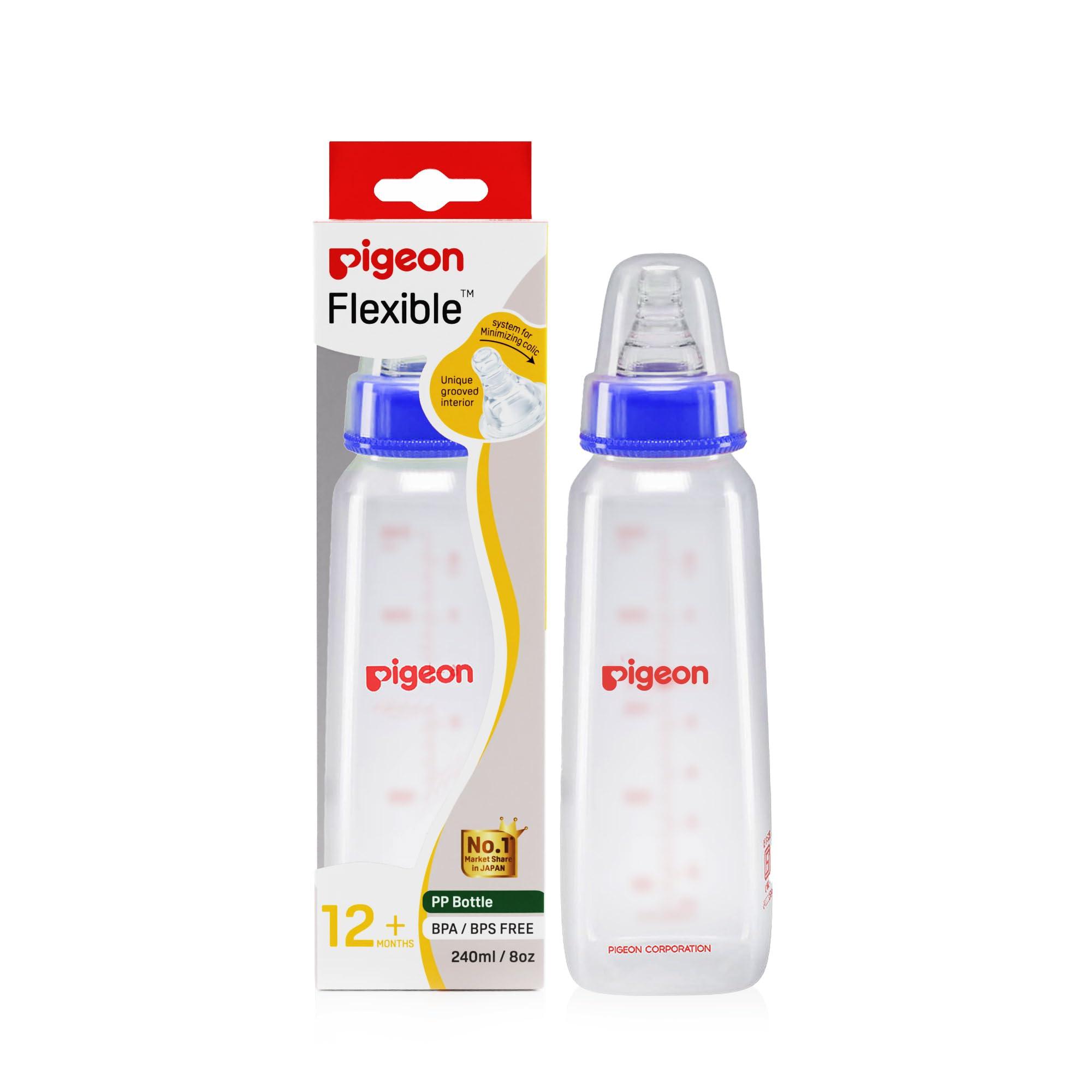 Pigeon Flexible Baby Feeding Bottle | Japan's No.1 Brand | Ideal for 12+ Month Babies | BPA Free| BPS Free | Uniquely Designed Nipple Releases Milk only When Baby Drinks | Blue Colour | 240 ml