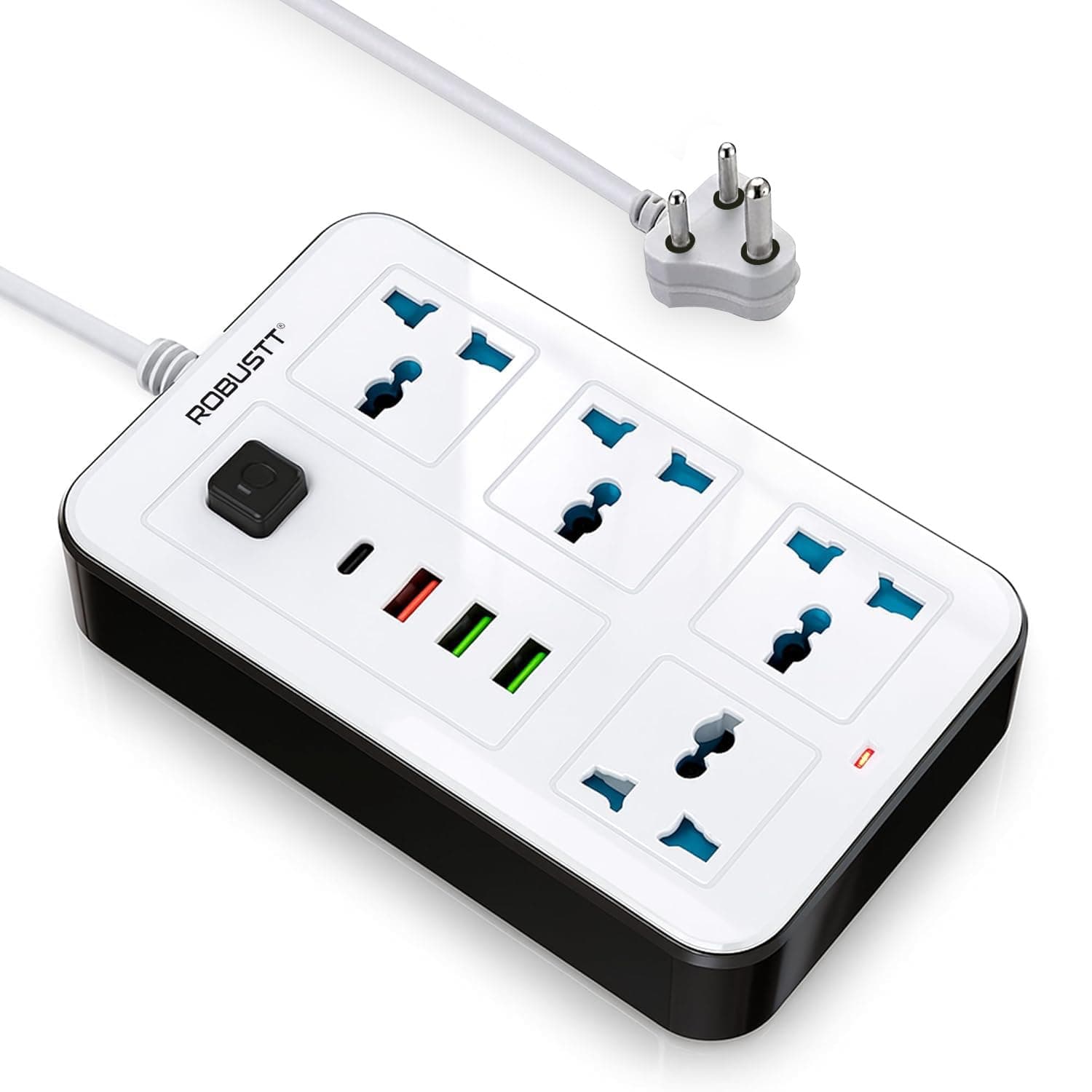 Robustt 4‑Outlet Extension Board with 3 USB & 1 Fast Charging Type-C Port | 1.7 m Cable | Wall Mountable Extension Board | 2500W Multi Plug Extension Cord for Home & Office (Pack of 1)