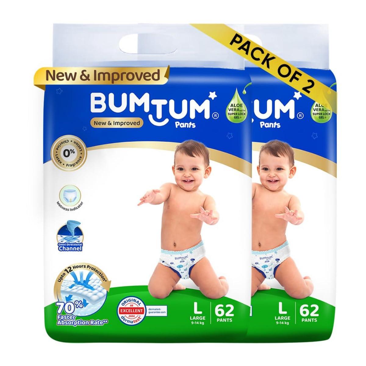Bumtum Baby Diaper Pants, Large Size, 124 Count, Double Layer Leakage Protection Infused With Aloe Vera, Cottony Soft High Absorb Technology (Pack of 2)