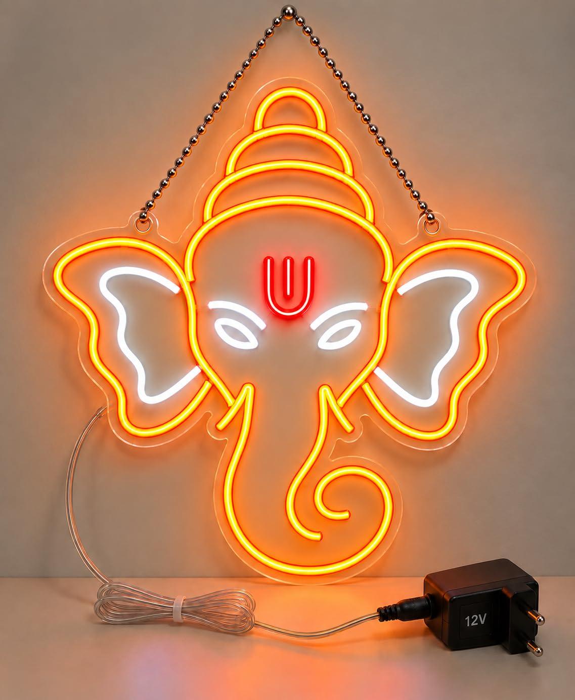 Ganesha Neon Sign Light for Wall Hanging, Orange & White