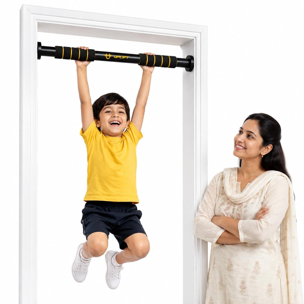 UPLIFT Pull Up Bar for Kids | Doorway Hanging Rod & Chin Up Bar For Kids and Adults | No Screw Hanging Rod with Anti-Skid Foam Grip | Adjustable Heavy Duty Strength Training Gym Equipment (62-100cm)| 100kgs Capacity