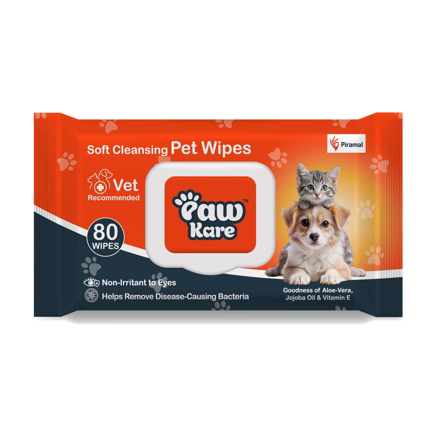 PawKare Pet Wipes for Dogs & Cats | 80 Count | Pack of 1 | Vet Recommended Grooming Wipes | Alcohol-Free Wet Wipes for Cats & Dogs | Pets Dry Bathing, Paw Cleaning | Aloe Vera, Jojoba Oil, Vitamin E