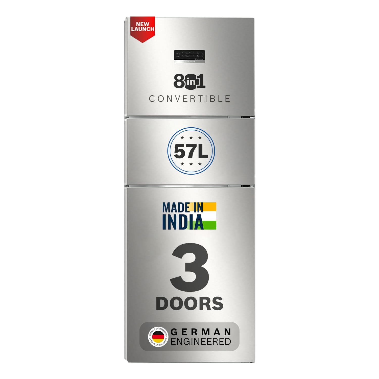 Bosch 302L, 3 Star, MaxFlex Convert Frost Free Triple Door Refrigerator | 8-in-1 Convertible Storage Modes | 57L Extra Convertible Zone | Cool Extend up to 18 hours (CMC33S03NI, Fine Steel)