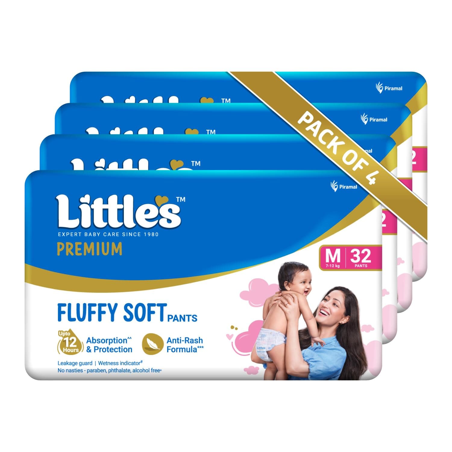Little's Premium Baby Diapers M Size (Medium) Pants Style | 7-12 kg | 128 Count | FluffySoft Baby Diaper with Leakage Guard, Wetness Indicator & 12 Hours Absorption | (32 Count, Pack of 4)