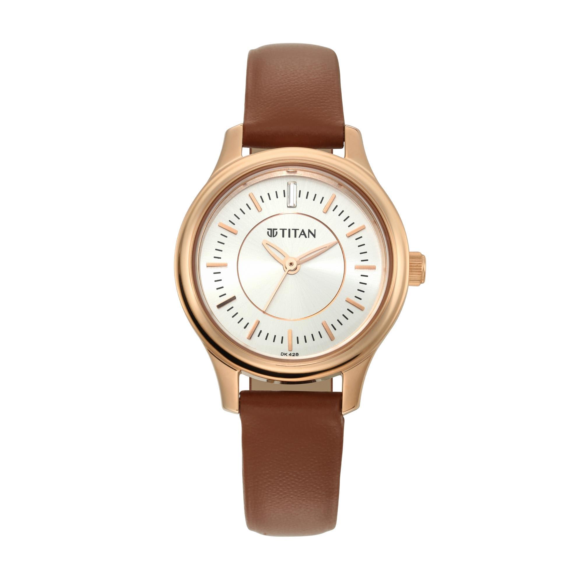 Titan Quartz Analog Silver Dial Brown Leather Strap Watch for Women - 2638WL01