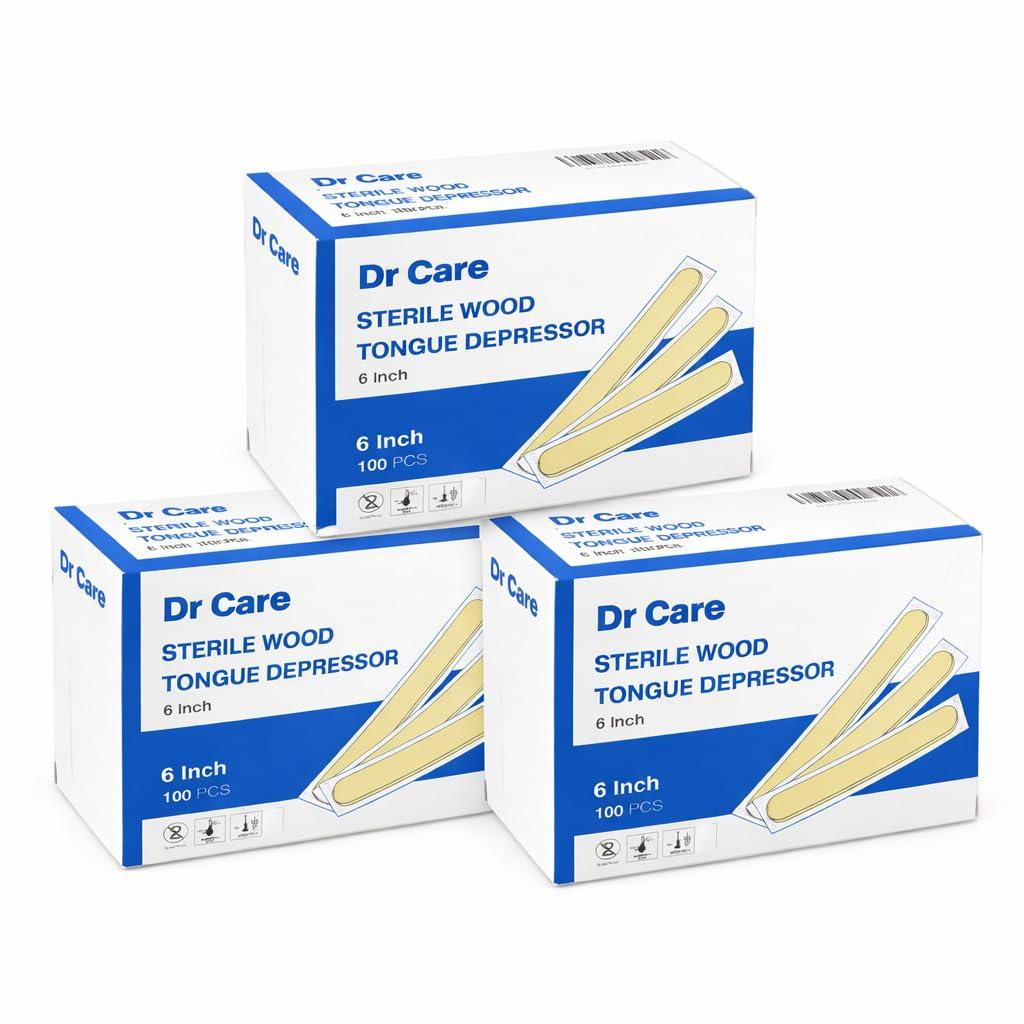 Dr Care Sterile Wood Tongue Depressors, 6 Inch, Disposable Wooden Spatulas for Dental Clinics, Waxing, Hair Removal (300)