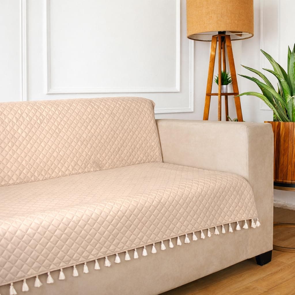 STITCHNEST 'Maison Plush Series' Quilted Velvet Sofa Cover 3 Seater Fully Covered | Premium Soft Fabric, Washable & Fade Resistant | Beige Sofa Protector with Tassels | Size 70x60 Inch