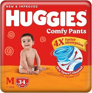 Huggies Comfy Pants Baby Diaper, Medium (M) Size (7-12 Kgs), Pack of 34