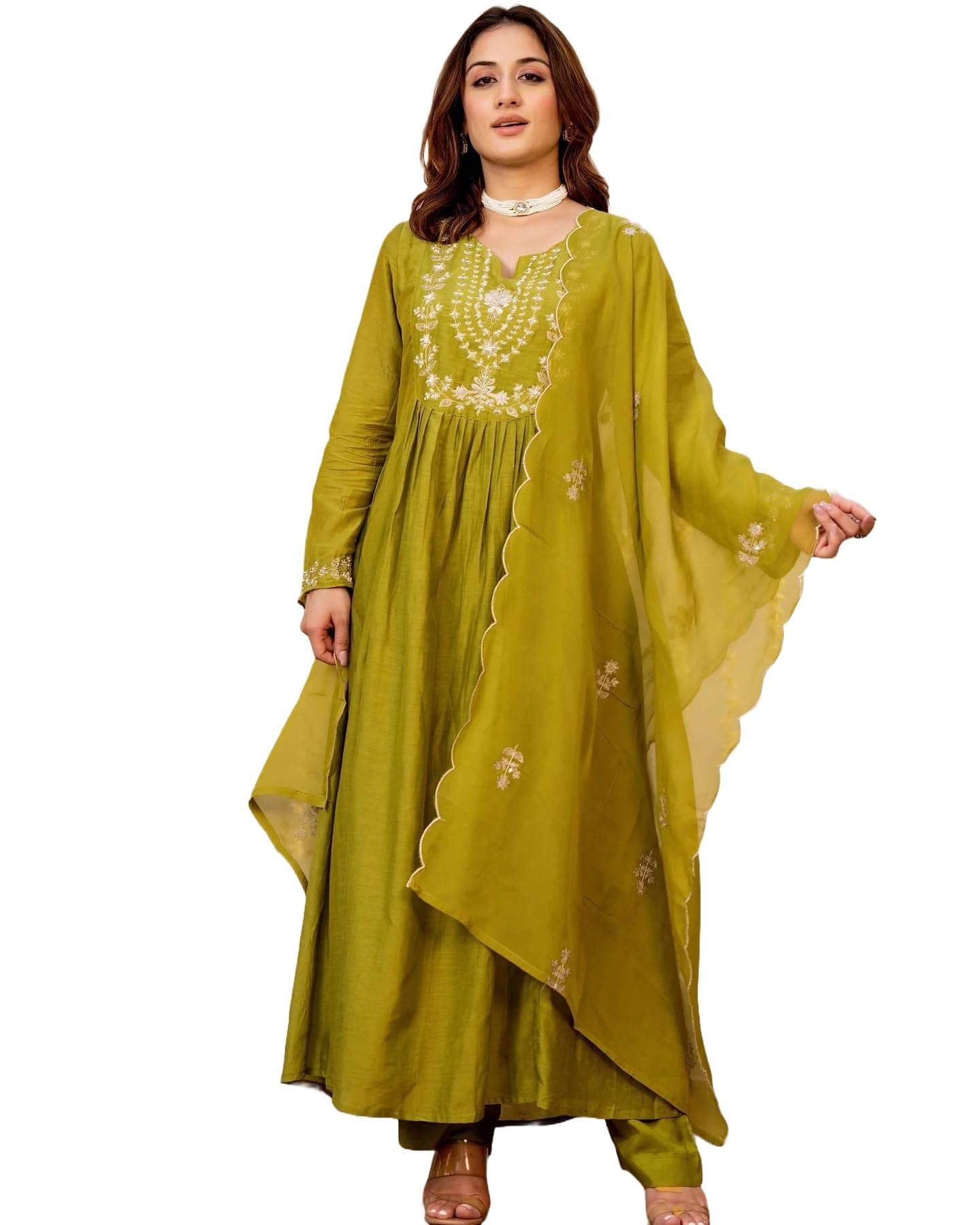 Nermosa Women Embroidery Solid A-Line Kurta and Pant Set with Dupatta (IN, Alpha, 2XL, Green)