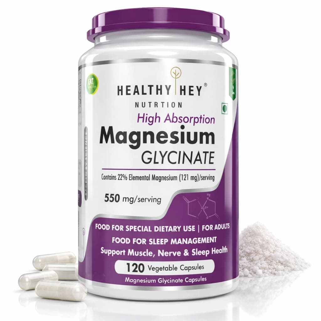 HealthyHey Nutrition Magnesium Glycinate Supplement High Absorption for Sleep, Cramps, & Nerves Health - 120 Vegetable Capsules