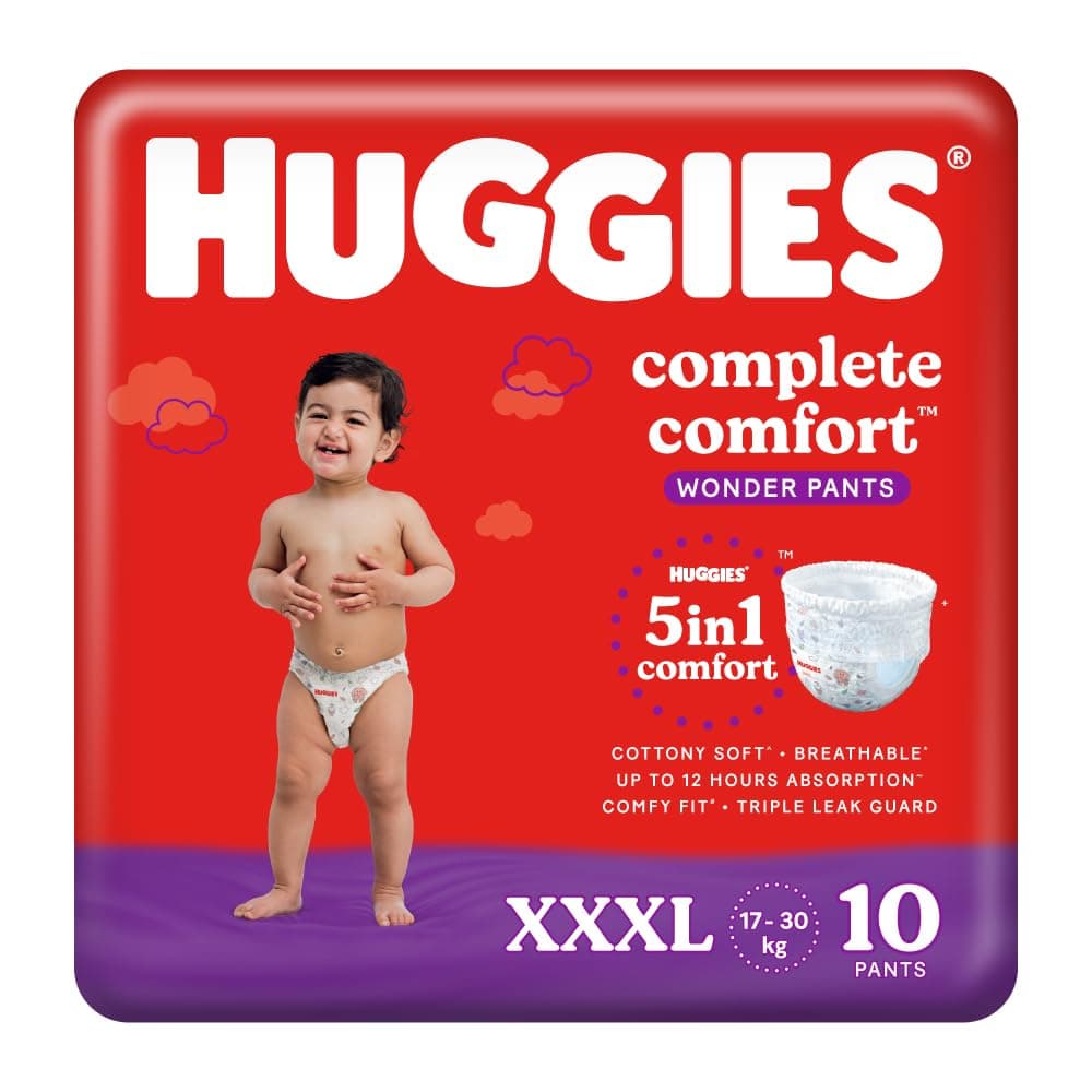 Huggies Complete Comfort Wonder Pants Triple Extra Large (XXXL) Size (17 Kgs+) Baby Diaper Pants, 10 count|5 benefits in 1 diaper| Bubble Bed softness | Upto 12 hour overnight absorption