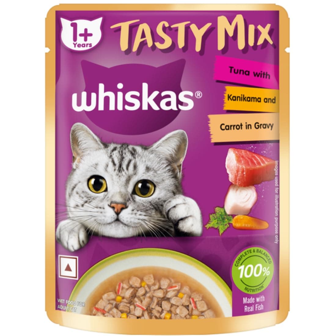 Whiskas Tasty Mix Adult (1+ Year) Wet Cat Food, Tuna with Kanikama and Carrot in Gravy, 70 g, Cat Food Made with Real Fish, Complete & Balanced Nutrition for Adult Cats