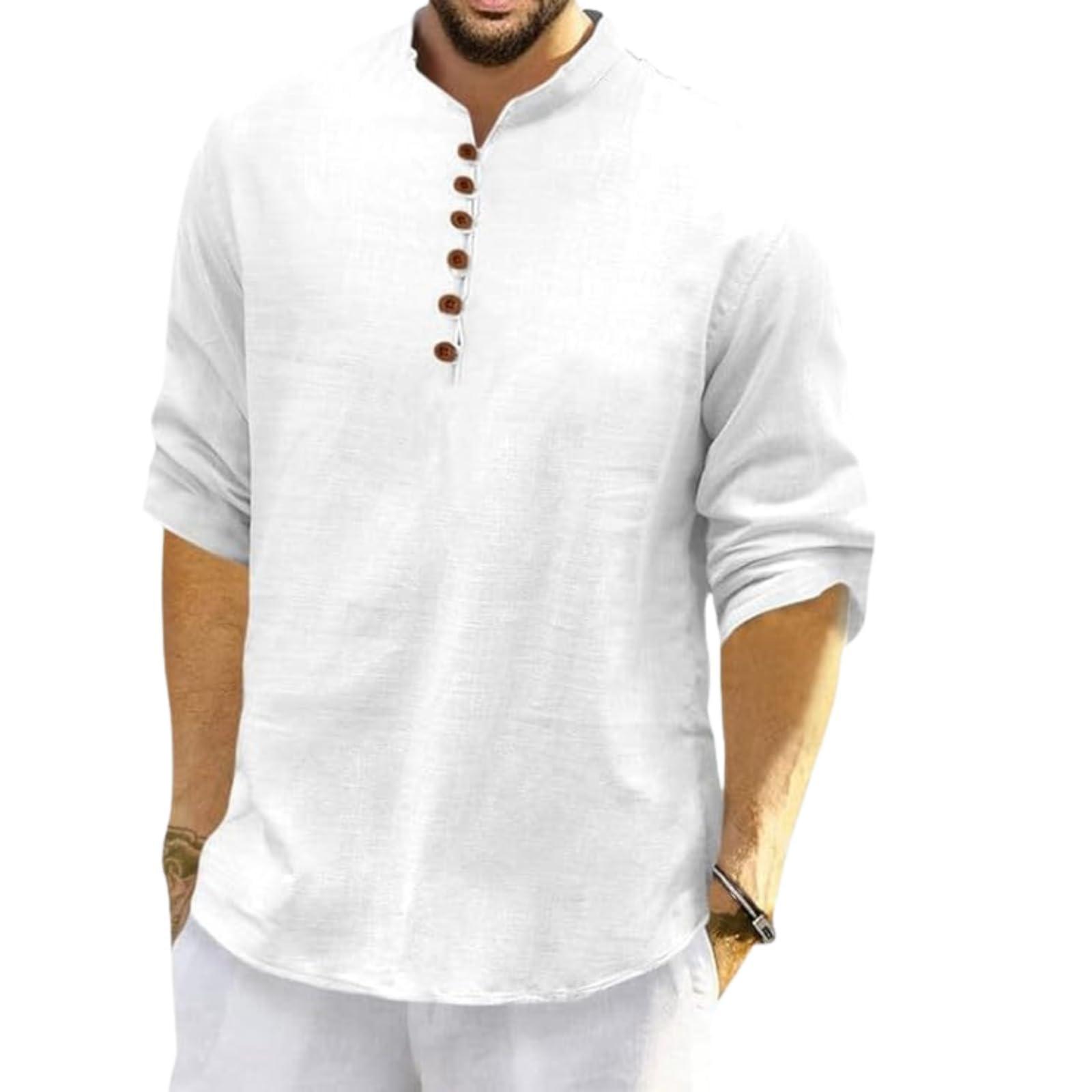 ROYALSCOUT Men's Cotton Polyester Blend Solid Regular Fit Full Sleeve Short Kurta | Ethnic, Lightweight Summer Kurta for Daily & Occasion Use White