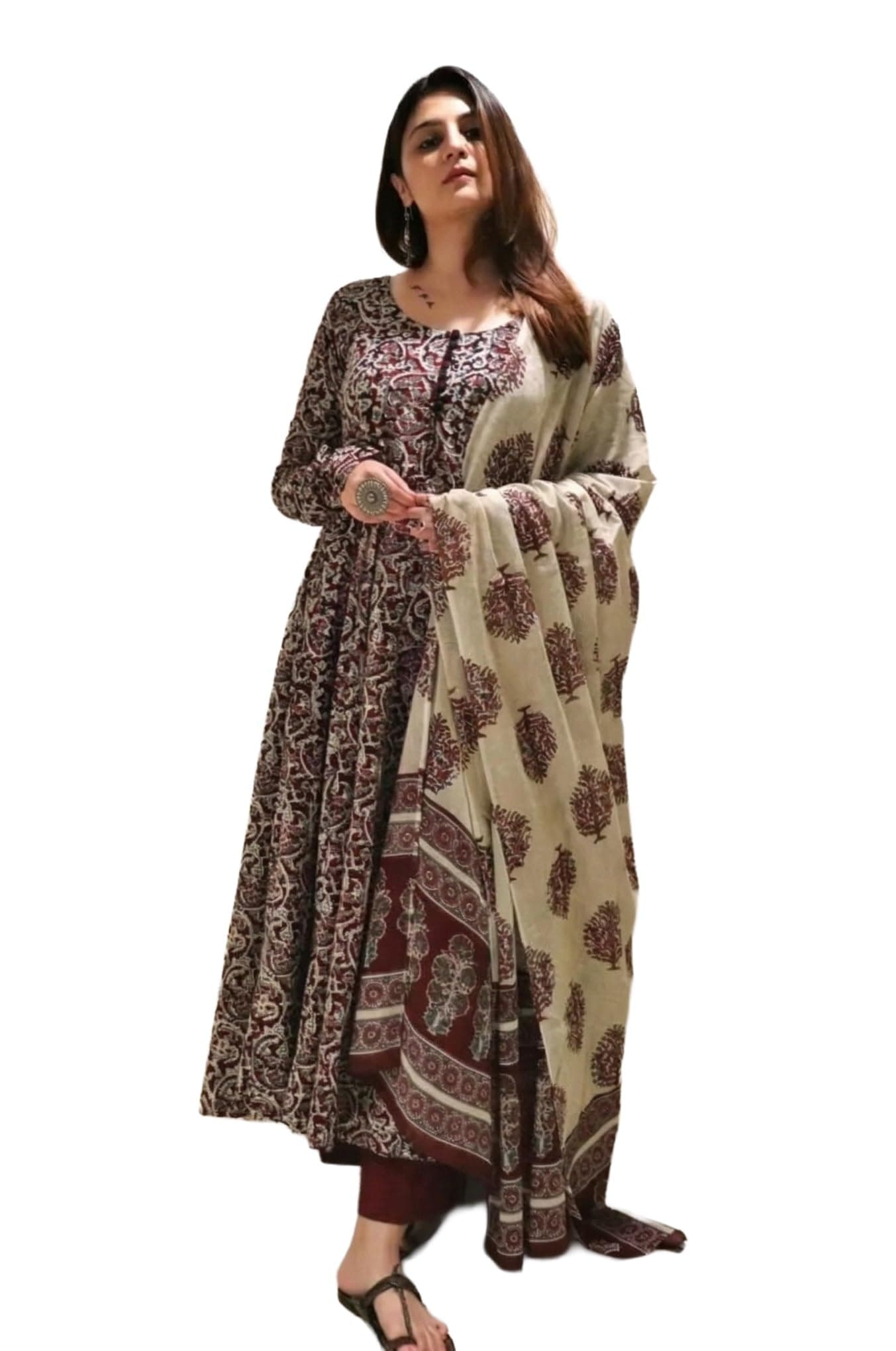 Nermosa Women Printed Anarkali Kurta and Pant Set with Dupatta | Printed Kurta Set | Cotton Suit | Women Kurta Sets | (IN, Alpha, L, Regular, Standard, Maroon)