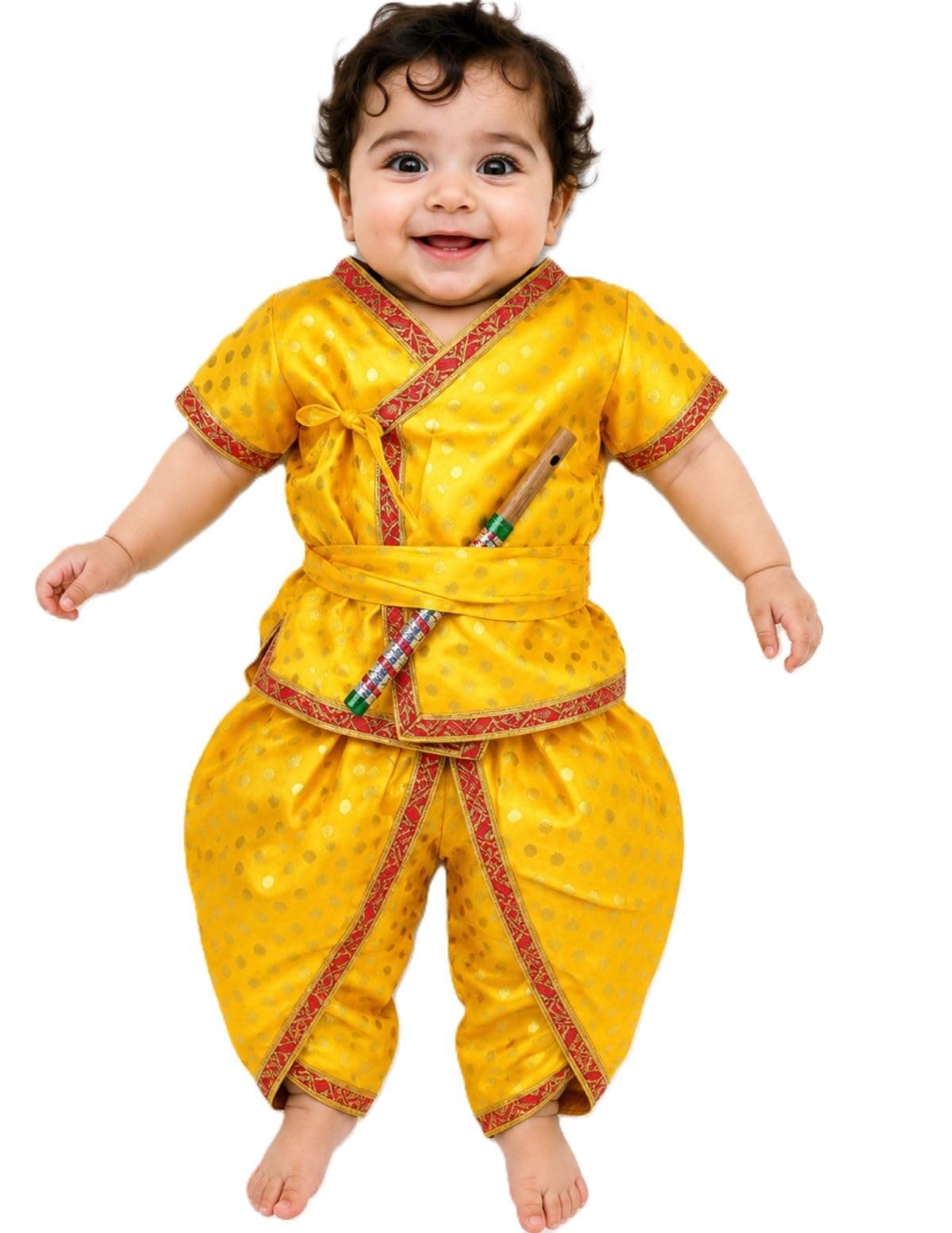 BookMyCostume Baby Krishna Kanha Kanhaiya Dhoti Kurta Polka Dots with Flute Kids Fancy Dress Costume 1-2 years
