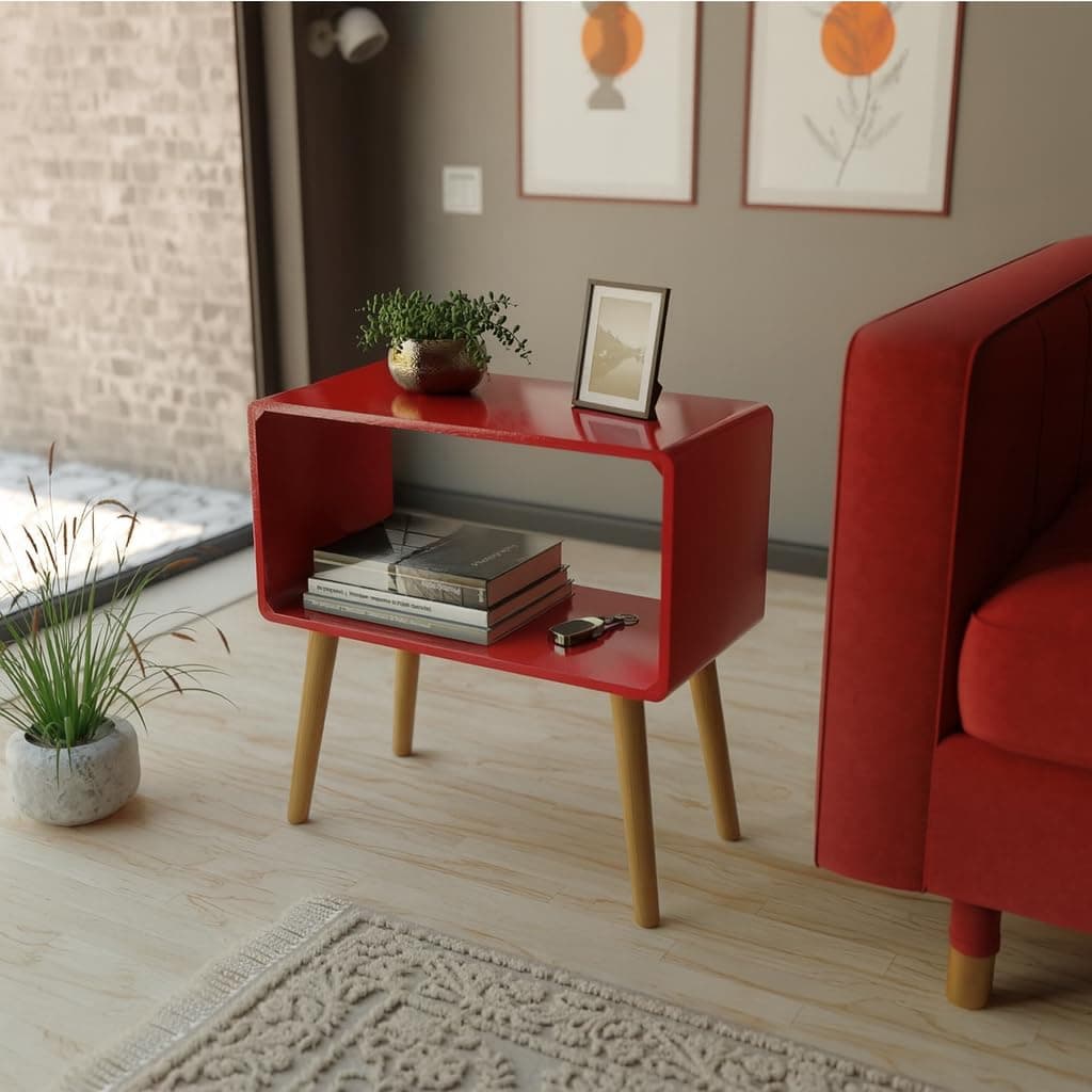 ETIQUETTE ART Retro Bookcase Nightstand, End Table,Bed Side Table for Small Spaces Magazine Stand with Storage Engineered Wood Wooden Bedside Table, Coffee Table, Living Room/Bedroom (Red)