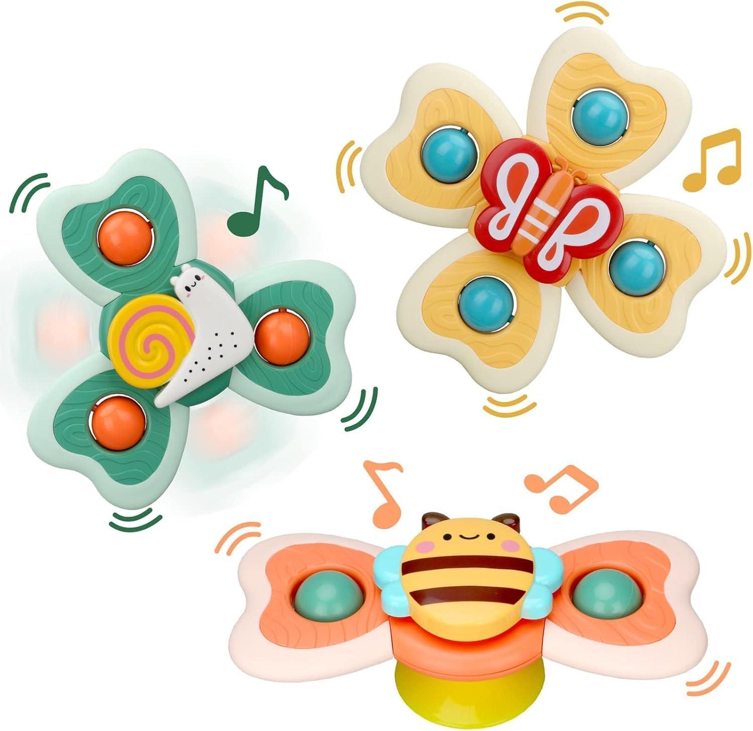 Cable World Baby Bath Toys for Kids - 3 PCS Big Size Silicon Suction Cup Bath Toy for Baby Boys Girls, Waterproof Suction Cup Top Rotating Montessori Learning Toy Sticks to Smooth Surface Big Size