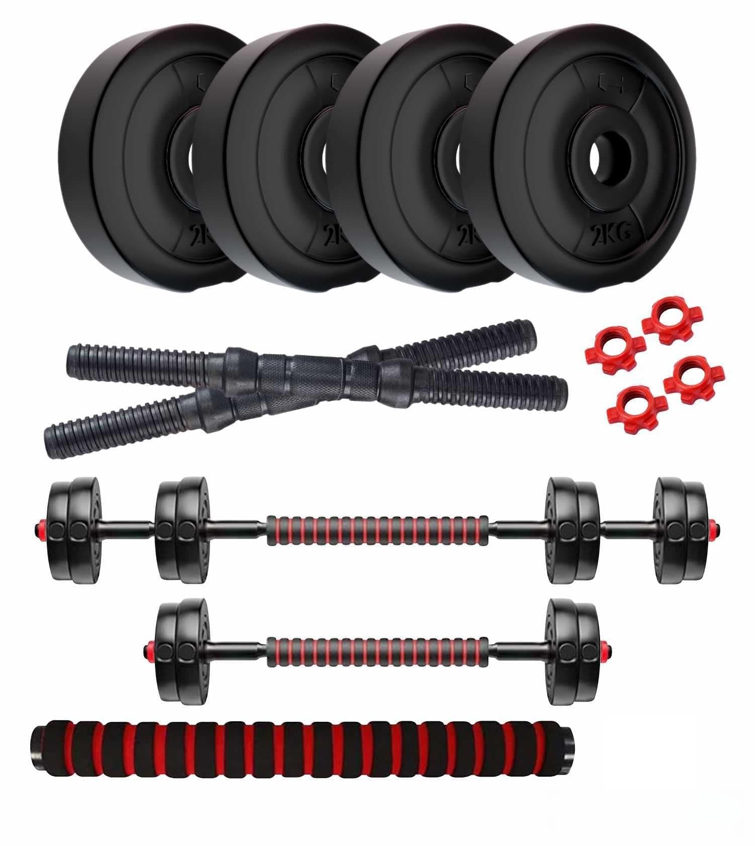Amazon Brand - Symactive PVC 8 Kg 3-in-1 Convertible Dumbbells Fitness Kit for Full Body Workout (2 Kg x 4 PVC Weight, 14'' Dumbbell Rods Pair & Nuts, 1 Cushioned Connector Rod)