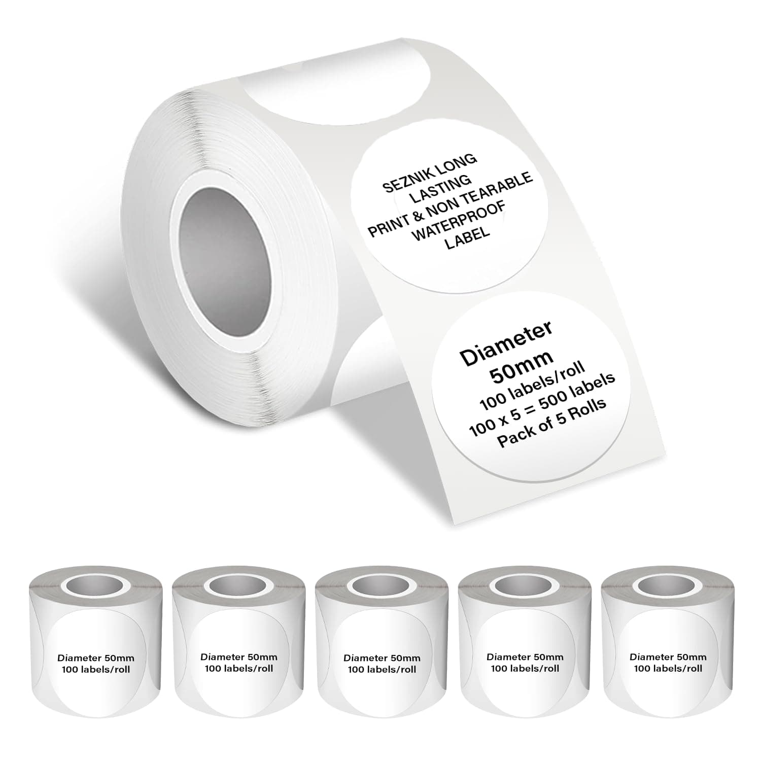 Seznik Waterproof, Non-Tearable, Sticky Thermal Labels, Round Shape, 50mm Diameter, 2 inch Self-Adhesive Thermal Paper for Mini Printer (Waterproof - 50mm Diameter - 500 Labels)