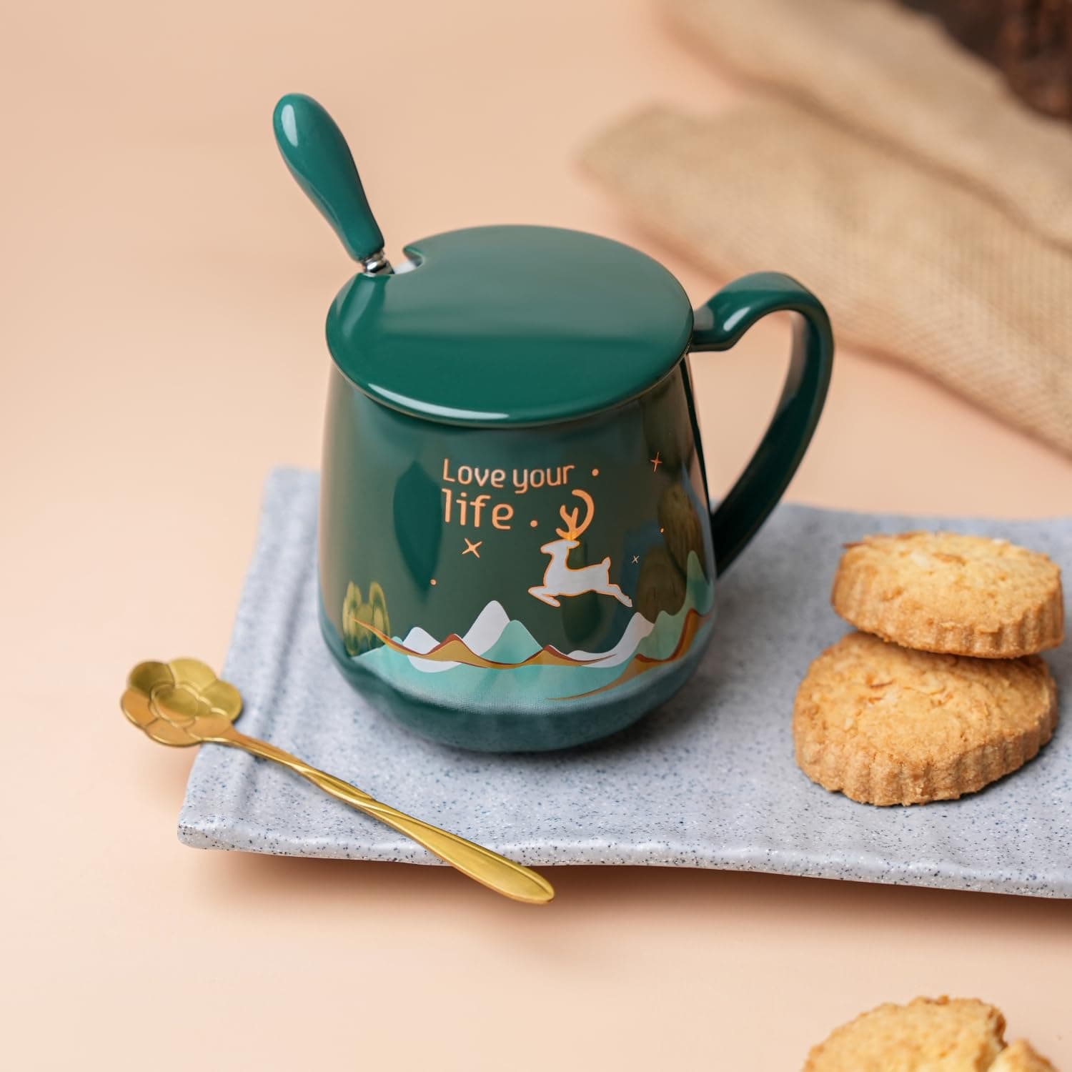 NYRWANA Coffee Mug, Birthday Gifts for Women, Mugs for Present, Rakshabandhan Gift for Brother & Sister, Ceramic Mug, Cute Coffee Mugs, Love Your Life Mug with Lid & Spoon (420ml - Green)