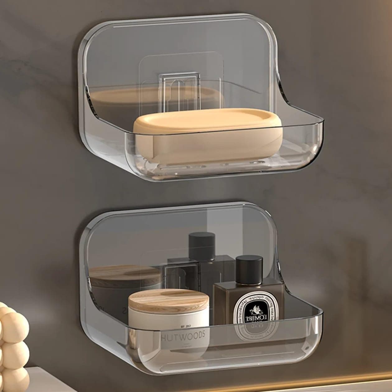 Xmart India Self-Adhesive Soap Holder for Bathroom | Transparent Plastic Soap Stand with Self-Draining Design | bathroom organiser without drill & Bathroom Organizer Accessories Set (Pack of 2)