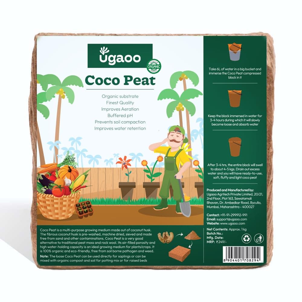 Ugaoo Cocopeat Block 1 Kg | Expands Upto 15 litres of Light Coco Peat Growing Medium | Pre-Washed Low-EC Cocopeat for Plants, Seed Starting, Hydroponics and Potting Mix | Indoor and Outdoor Garden