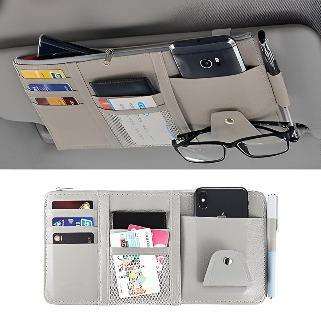 Car Visor Organizer with Zipper – PU Leather Sun Visor Pouch for Cards, Sunglasses, Pens & Small Documents – Car Storage Accessory with Mesh Pockets