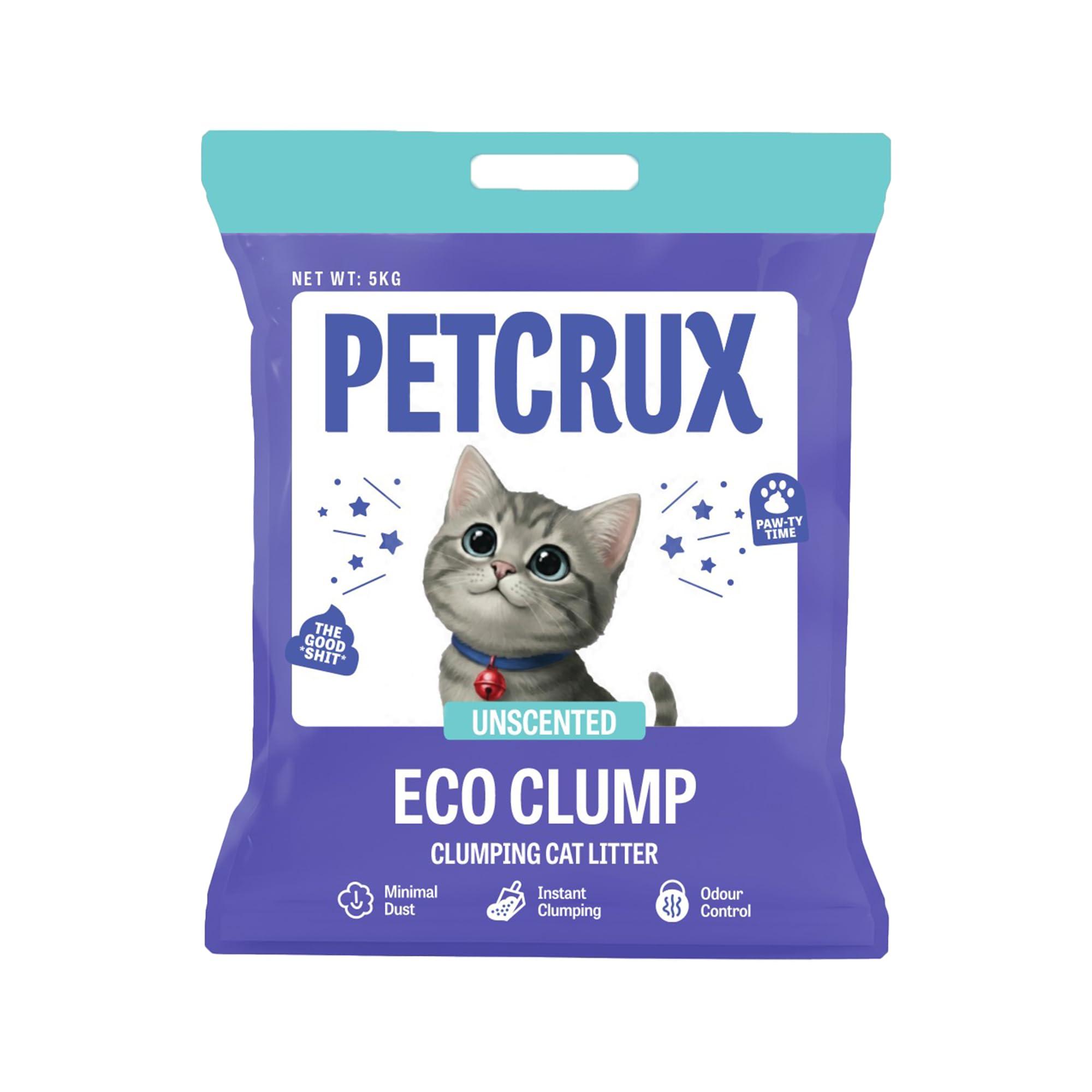 PetCrux Eco Clump Cat Litter 5Kg, 100% Natural Bentonite Odour Lock Unscented Clay, Dust Free, Single Pack