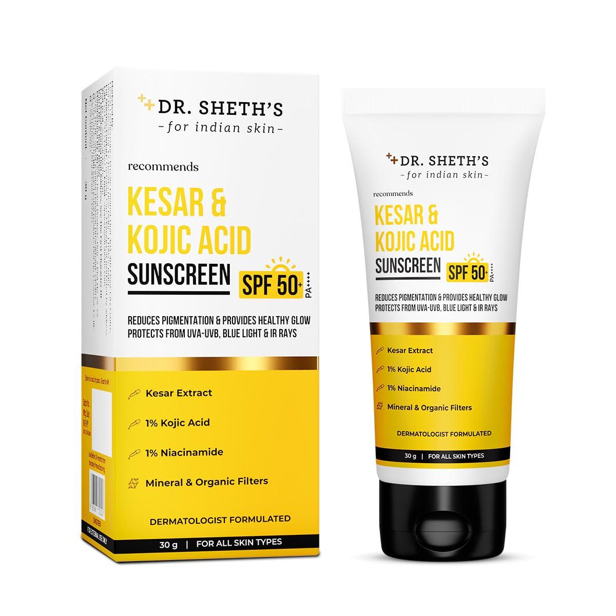 Dr. Sheth's Kesar & Kojic Acid Sunscreen SPF 50+ Pa++++ |In-Vivo Tested | For Pigmentation-Free Skin | Lightweight & Non Greasy | For UVA/UVB & Blue Light & IR Protection | No White Cast | For All Skin Types | For Men & Women | 30 g