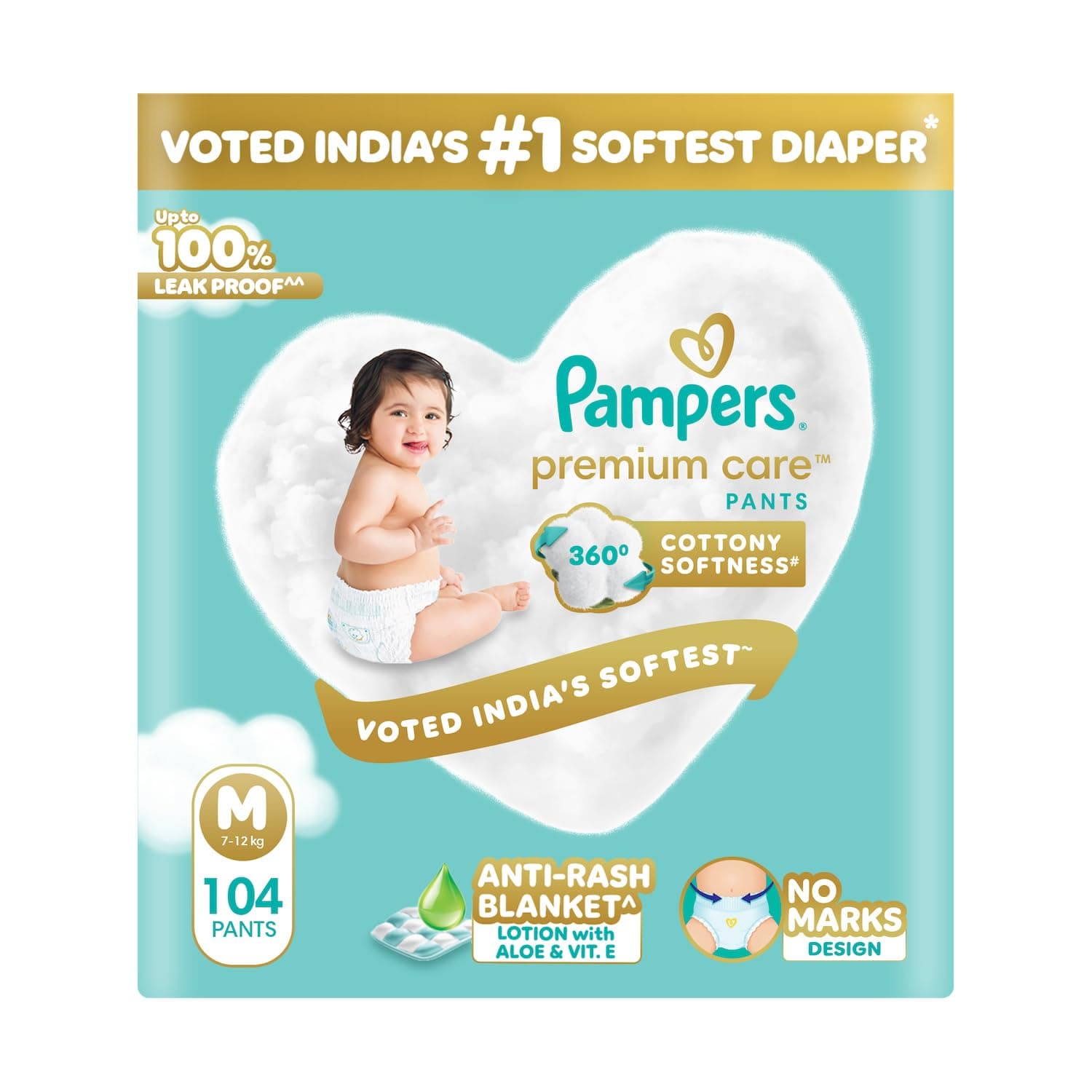 Pampers Premium Care Pant Style Baby Diapers M 104 Count | No Marks Design | Voted India’s #1 Softest Diaper | All in 1 diaper with 360 Cottony Softness