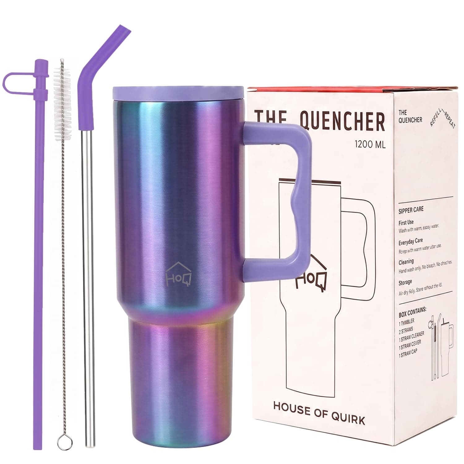 House of Quirk 1200ML Stainless Steel Tumbler with Handle & Lid, 2 Straws – Large Travel Mug Water Cup for Gym, Office & Outdoor Use (Aurora Prism)