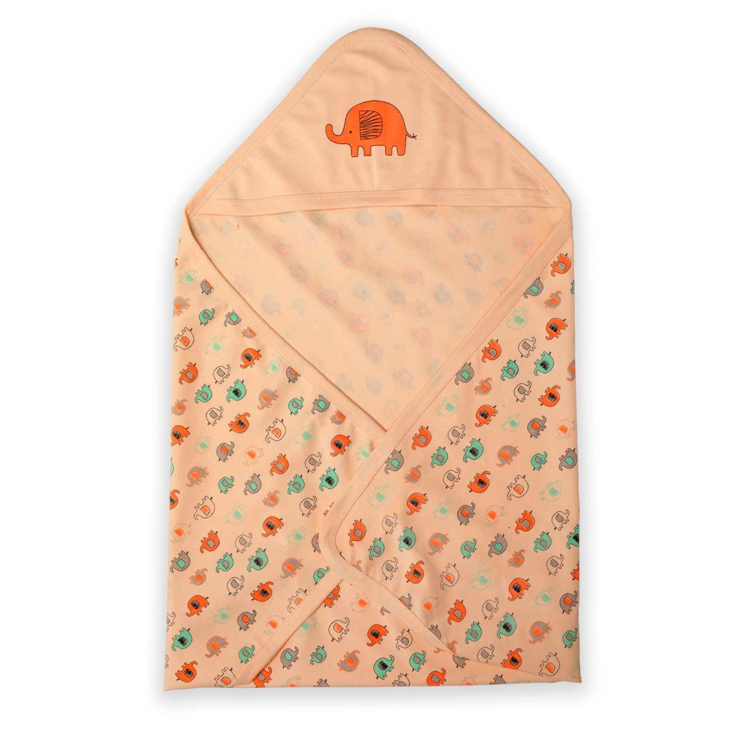 LuvLap Cotton Hooded Wrapper - Baby Towel for New Born | Big Size 75cm x 75cm | Soft, Safe & Skin-Friendly | for Newborns 0-12 Months | Lightweight & Travel Friendly, Elephant Print - Orange, 1 Count