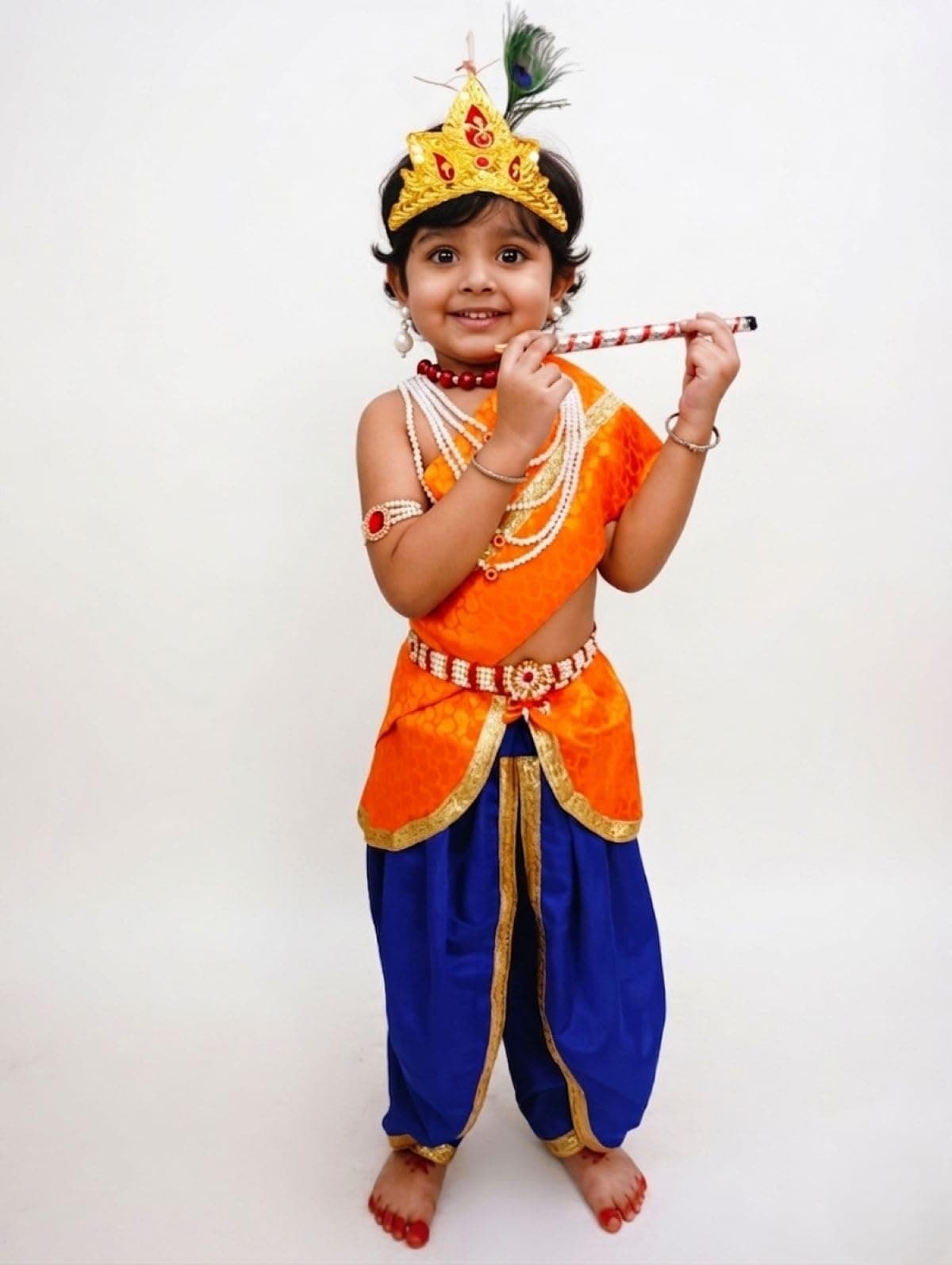 BookMyCostume Brocade Krishna Costume with Heavy Jewellery and Mukut Set - Janmashtami Premium Dress for Baby Kanha Boys & Girls - Blue & Orange 3-4 Years
