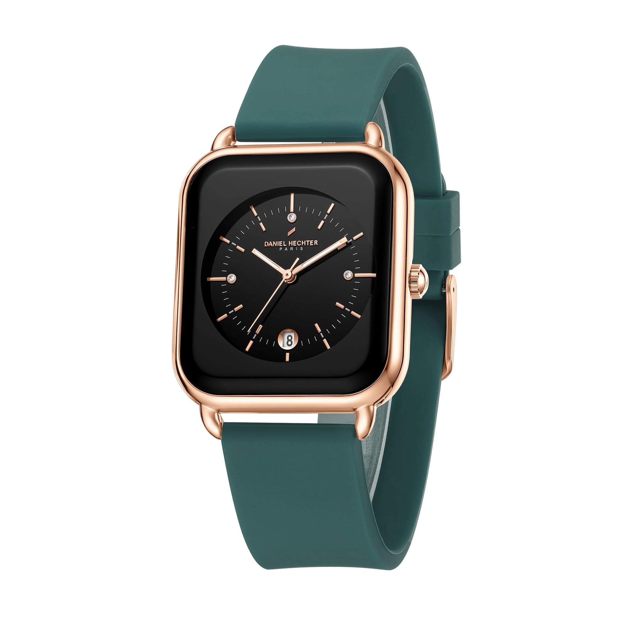 Daniel Hechter Paris Lea Collection Watch for Women with Square Dial, Crystal and Rose Gold Markers, Date Display and Silicone Strap - DHW2022-03